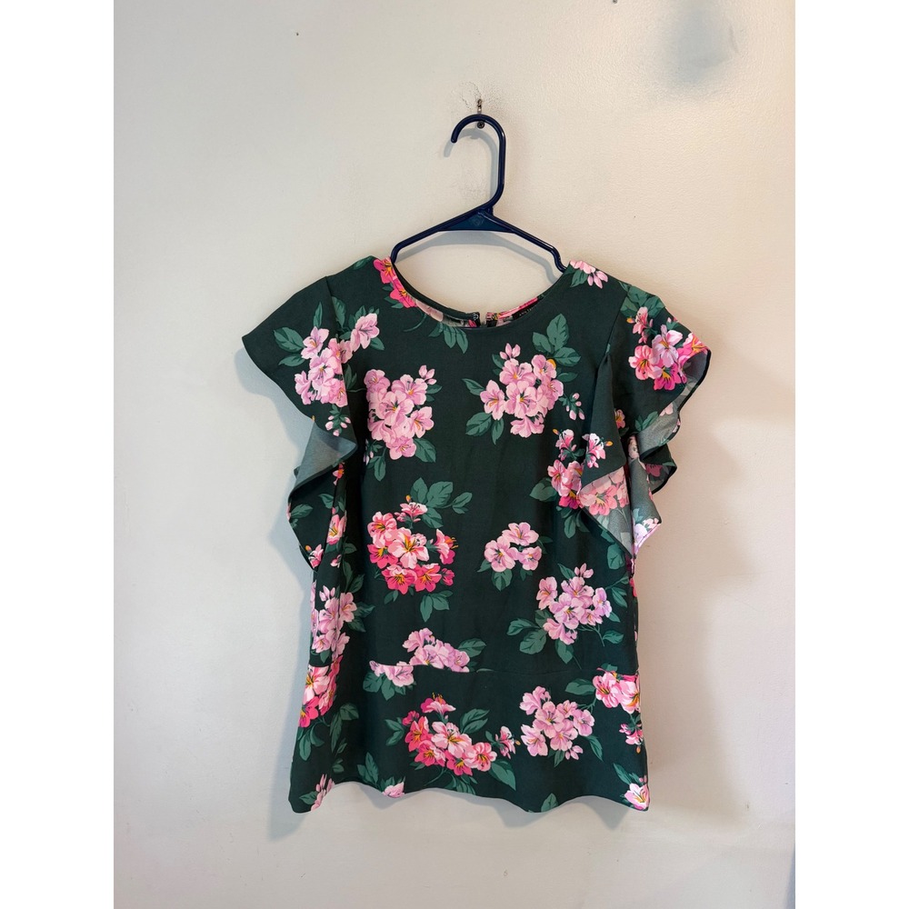 Ann Taylor Green Pink Floral Flutter Sleeve Peplum‎ Blouse Top Size 6